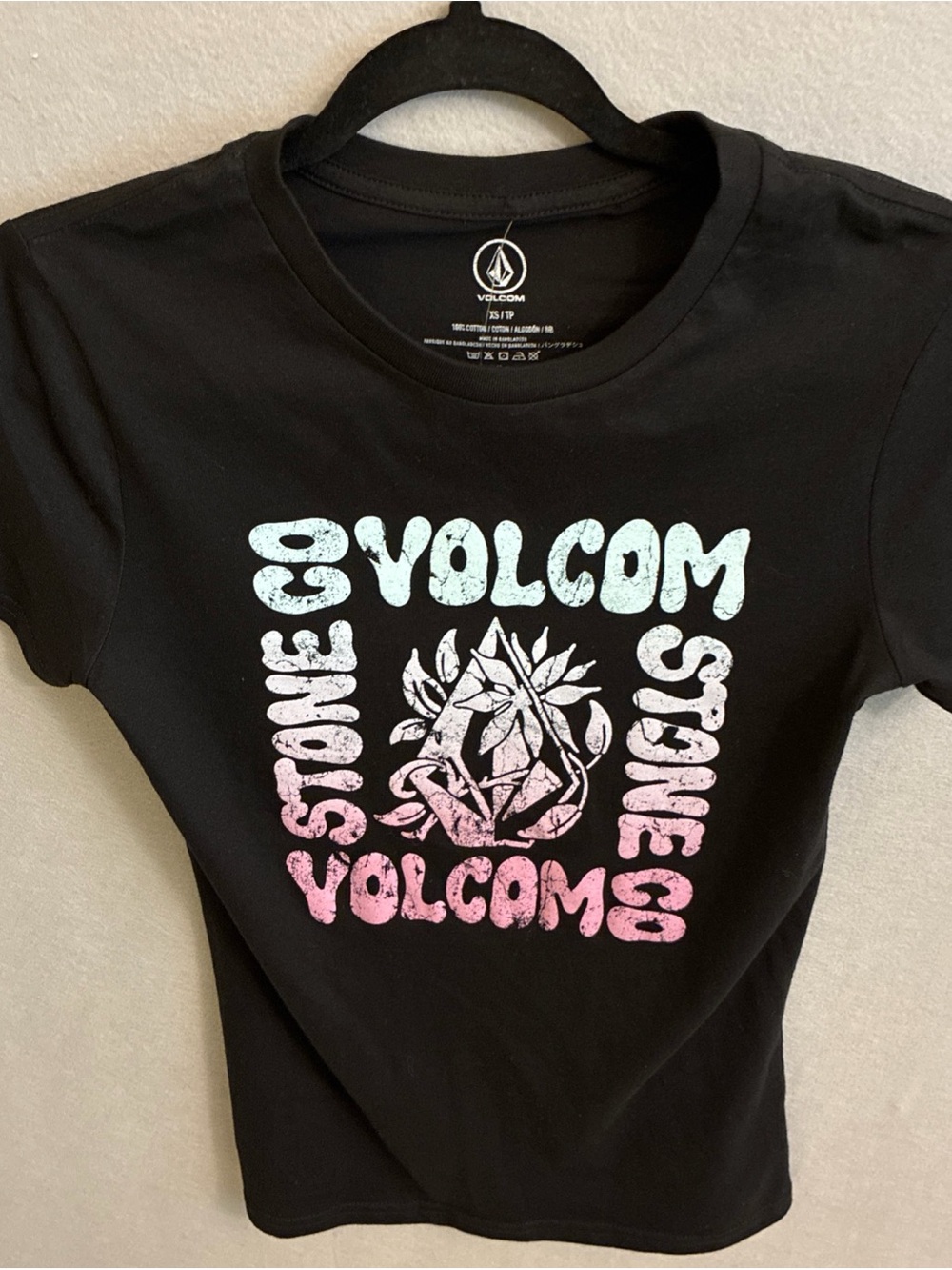 Volcom Black Tee with Pink & Light Blue Graphic Logo